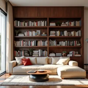 Estantes Para Sala Organize e Exiba Seus Objetos Estante de madeira elegante na sala de estar, com livros e objetos decorativos.