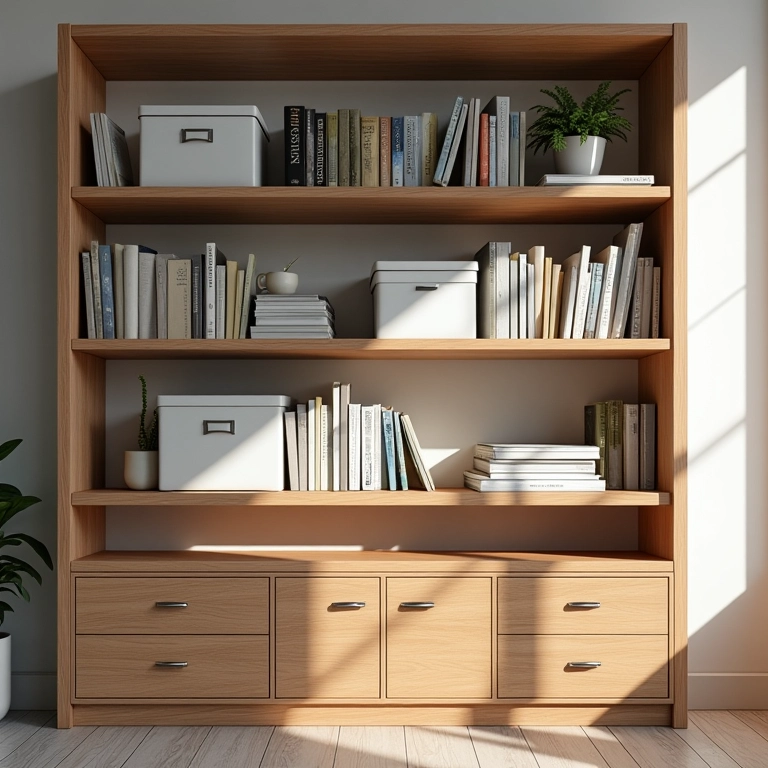 Estante funcional com caixas organizadoras, livros e área de trabalho.