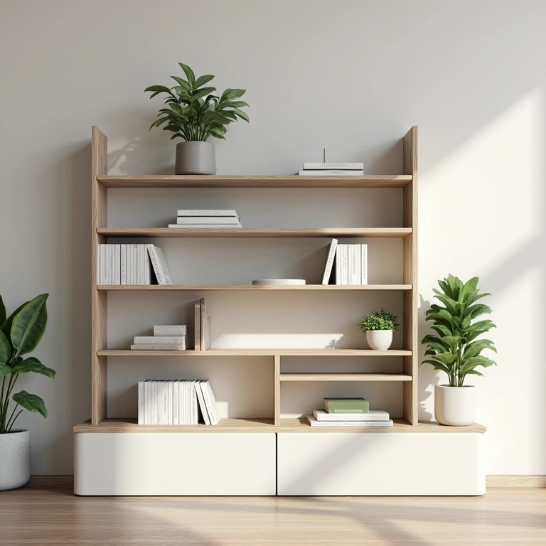 Estante minimalista organizada com livros e plantas.