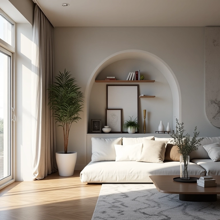 Estante nicho com obras de arte e objetos decorativos.