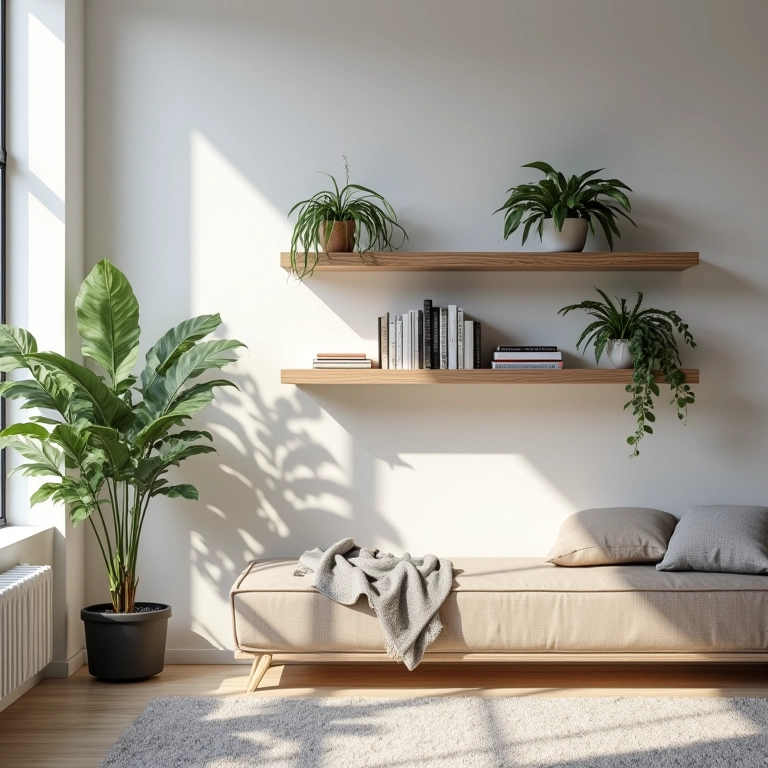 Estante suspensa minimalista com plantas na sala de estar.