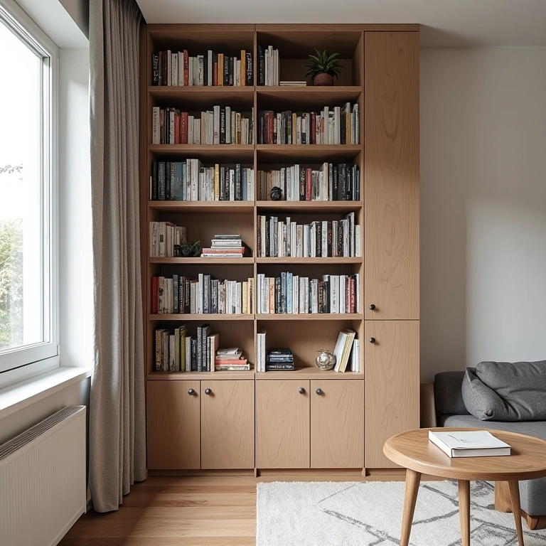 Estante vertical aproveitando o espaço em apartamento pequeno.