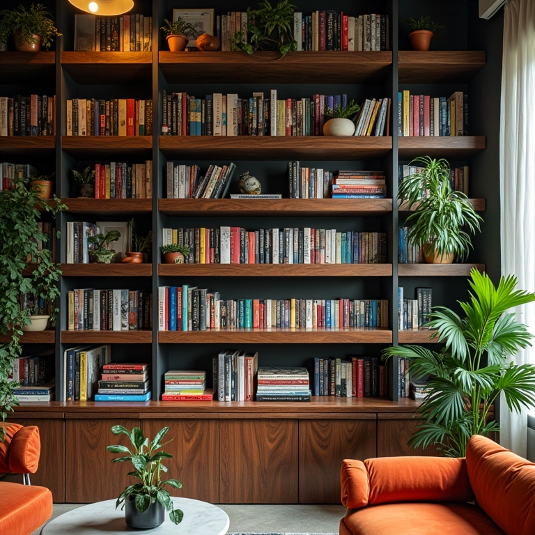 Estantes de livros em uma biblioteca particular com decoração brasileira.