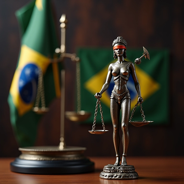 Estátua da Justiça com balança em frente à bandeira do Brasil.