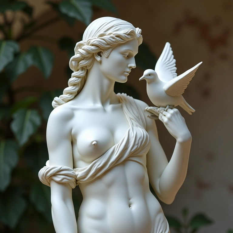 Estátua de Afrodite com uma pomba branca.
