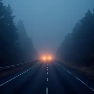 Estrada com neblina densa ao entardecer, faróis iluminando o caminho.