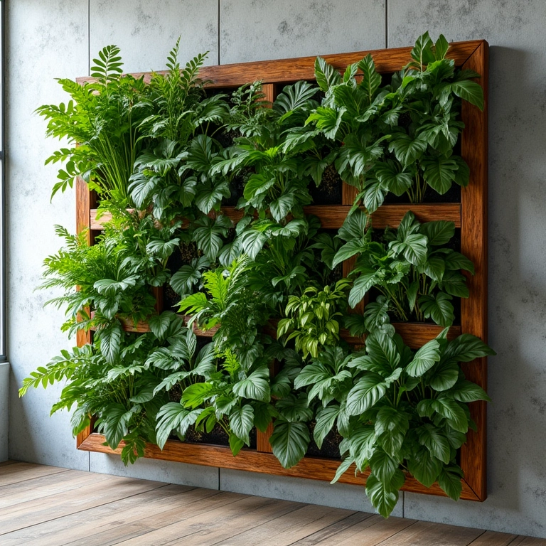 Estrutura criativa de madeira para jardim vertical pequeno.