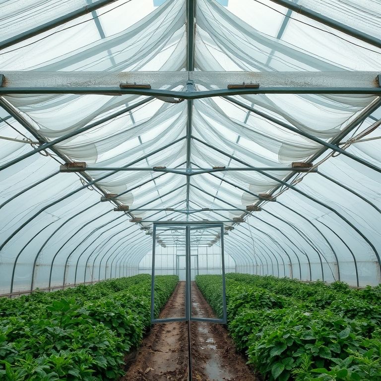 Estrutura de estufa resistindo a ventos fortes e granizo.