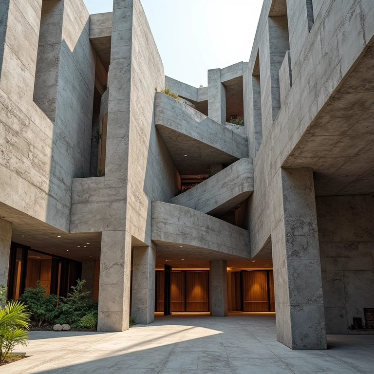 Estrutura desconstrutivista assimétrica com texturas contrastantes.