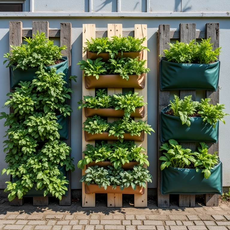 Estruturas para jardim vertical: paletes de madeira, grades de metal e bolsos de tecido.