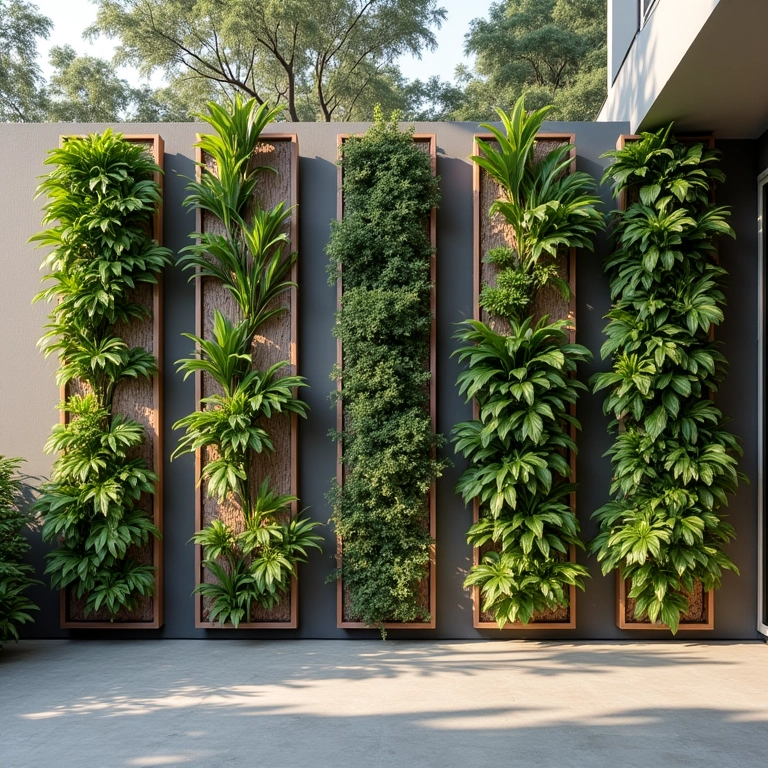 Estruturas variadas para jardim vertical em casa brasileira moderna.