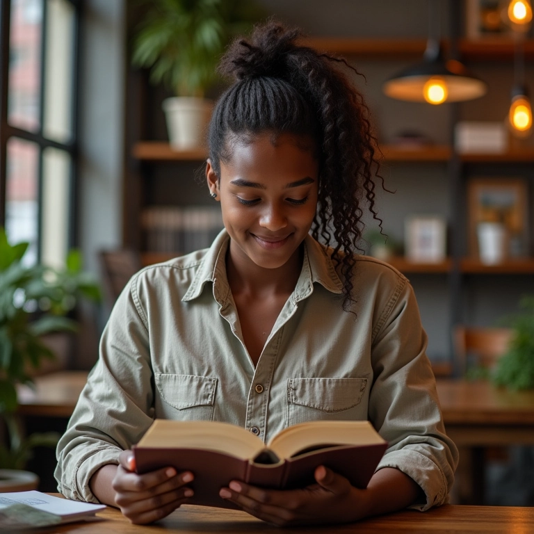 Estudante brasileiro estudando livros de finanças em espaço de co-working vibrante.
