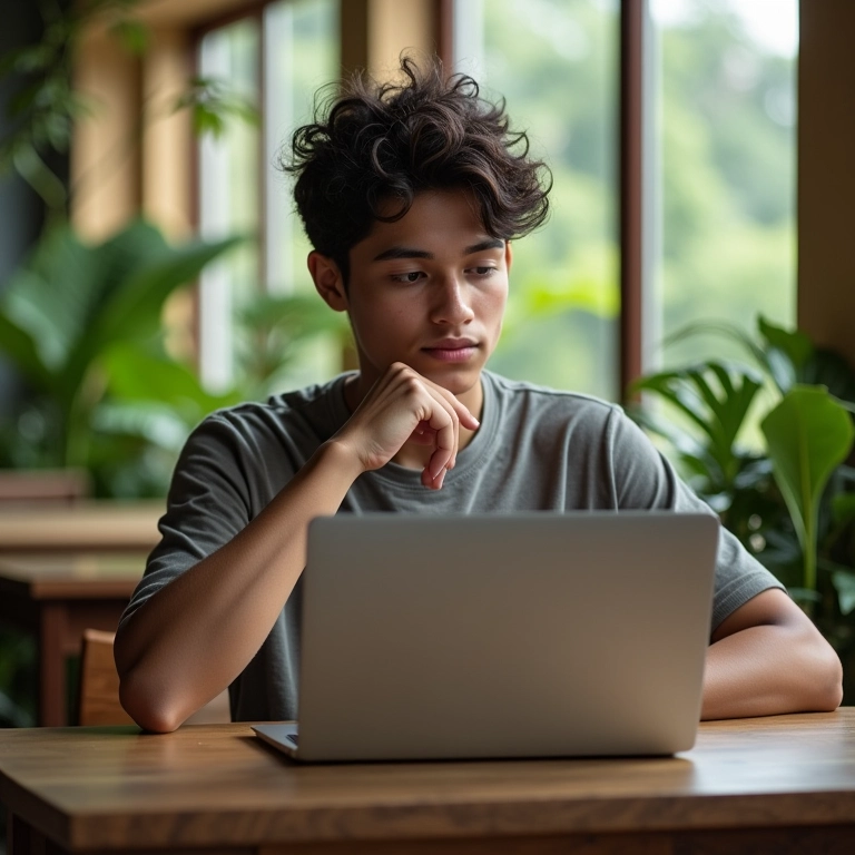 Estudante ponderando opções em um café brasileiro iluminado e repleto de plantas.