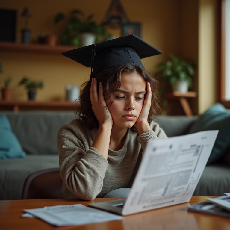 Estudante preocupado olhando contas em uma casa brasileira aconchegante, representando o estresse financeiro.