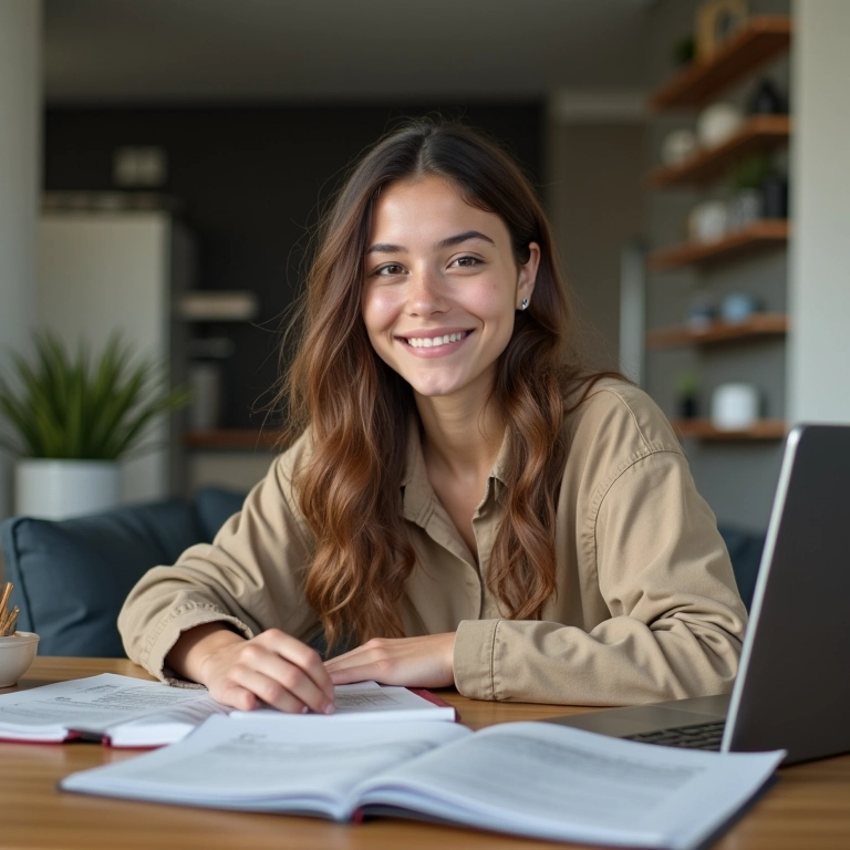 Estudante universitário sorrindo enquanto trabalha em seu laptop em um apartamento brasileiro moderno.