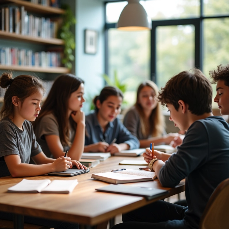 Estudantes estudando juntos em área comum de coliving, ambiente moderno e amigável.