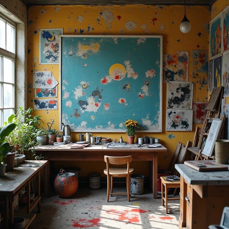 Estúdio de arte não convencional com respingos de tinta e móveis antigos.