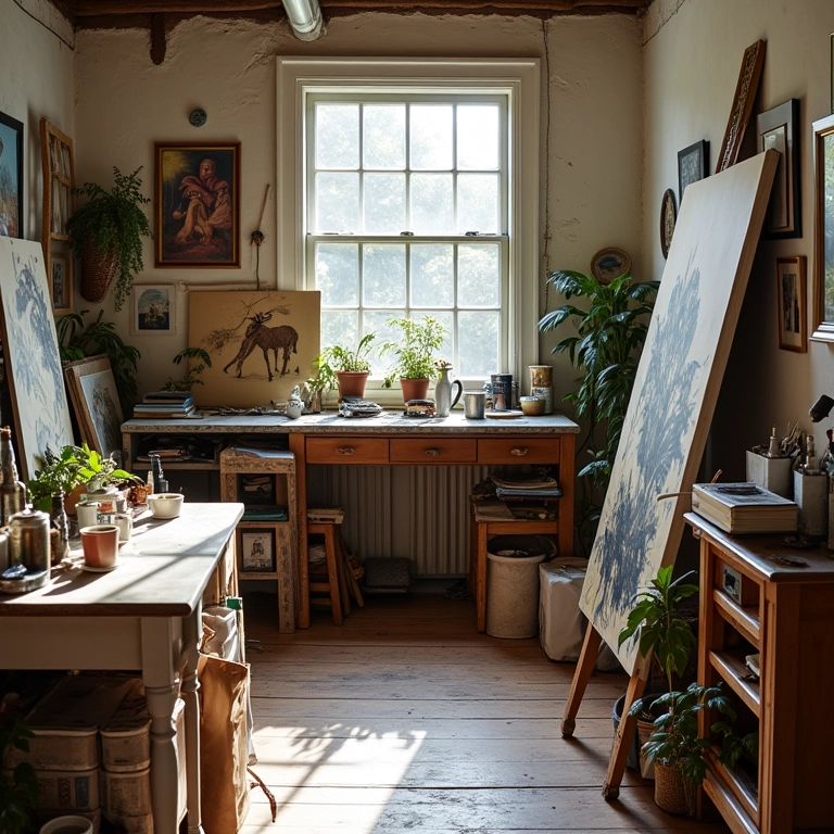 Estúdio de artista com projetos inacabados, representando bloqueios criativos no Mercúrio retrógrado.