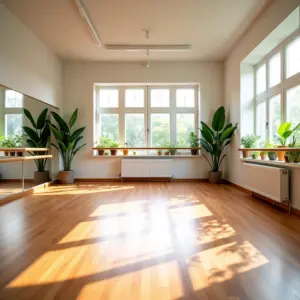 Estúdio de Dança: 7 Dicas de Decoração e Funcionalidade Estúdio de dança amplo e bem iluminado com decoração brasileira.