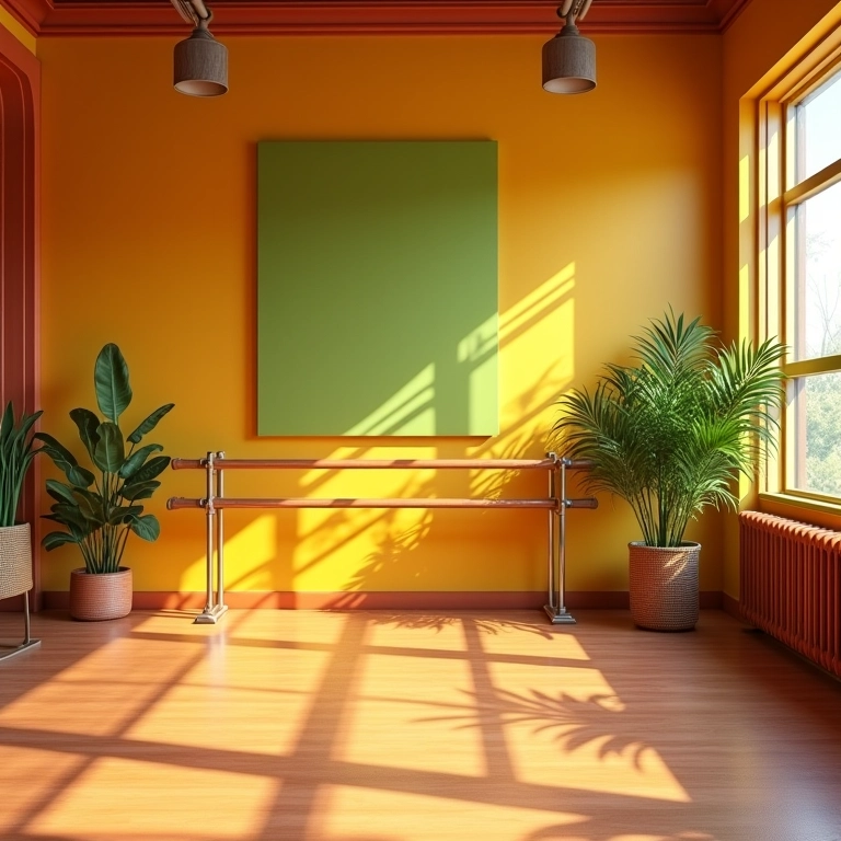 Estúdio de dança colorido com barras de balé e plantas.