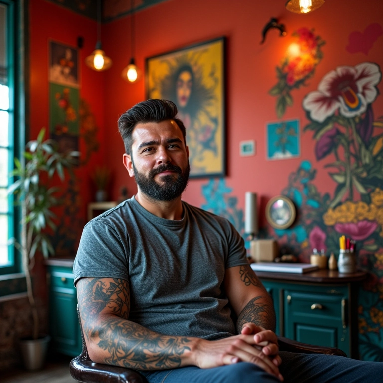 Estúdio de tatuagem com cores vibrantes transmitindo a identidade única.