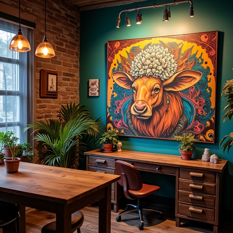 Estúdio de tatuagem decorado com quadros temáticos e pinturas brasileiras coloridas.