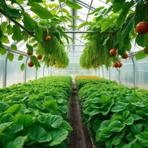 Estufa exuberante repleta de hortaliças, demonstrando a produtividade e o cuidado no cultivo.