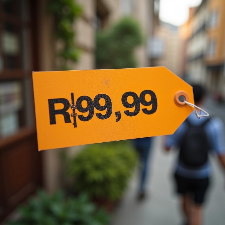 Etiqueta de preço com 'R$99,99' exibida de forma atraente.