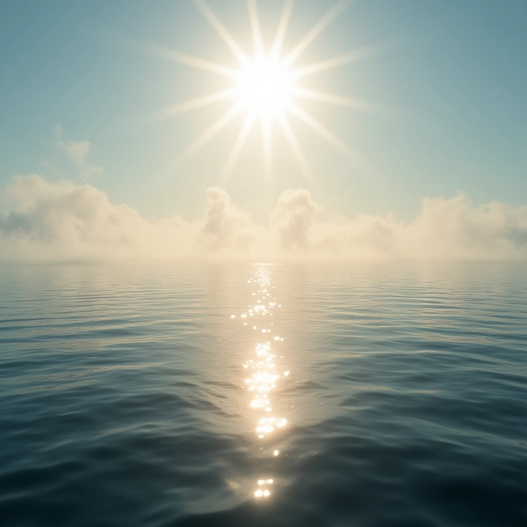 Evaporação da água de um lago sob a luz do sol, mostrando a transição para o estado gasoso.