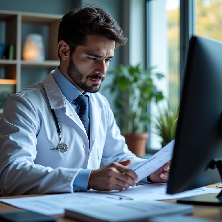 Examinador de patentes revisando documentos técnicos.