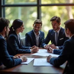 Executivos em reunião estratégica discutindo documentos de fusão e aquisição.