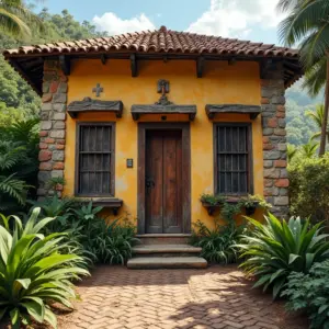 Exemplo da diversidade da arquitetura vernacular brasileira, com texturas e cores variadas.