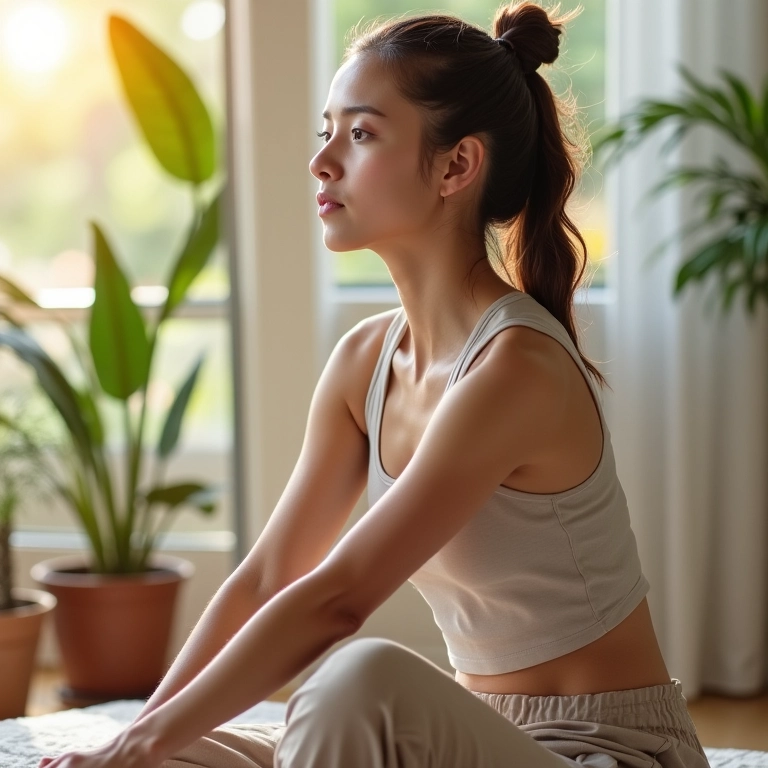 Exercícios leves: mulher alongando-se suavemente, retomando a atividade física gradualmente.