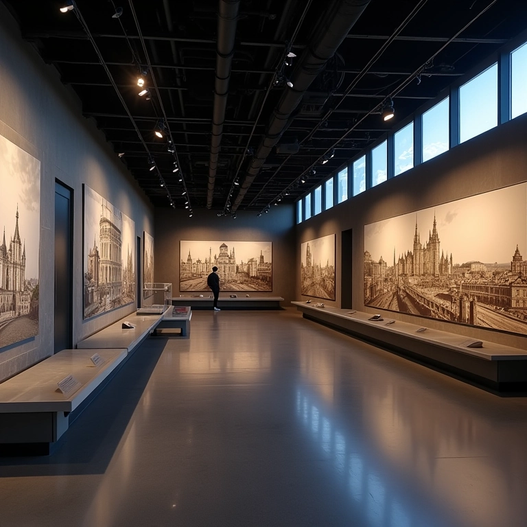 Exibição moderna de filmes dos Irmãos Lumière em um museu.