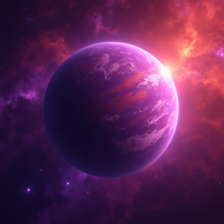 Exoplaneta com céu vibrante em tons de roxo e laranja.