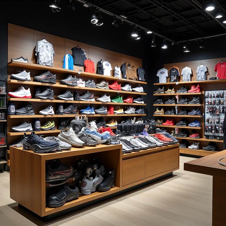 Exposição criativa de produtos em loja de artigos esportivos.