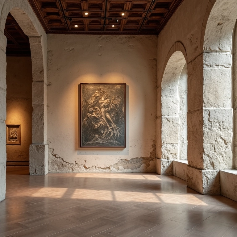 Exposição de arte moderna em museu com parede histórica ao fundo.