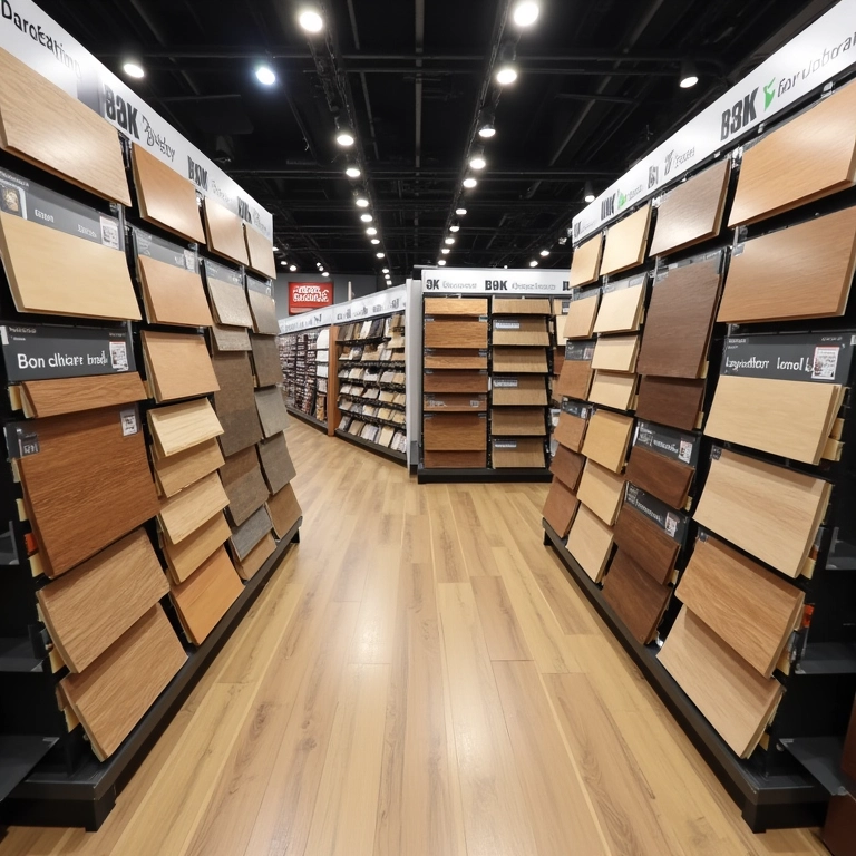 Exposição de diversas marcas de piso laminado em uma loja especializada.