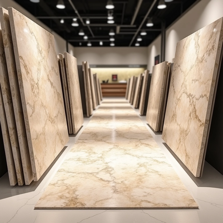 Exposição em showroom de diversos tipos de mármore travertino, mostrando a disponibilidade e qualidade.