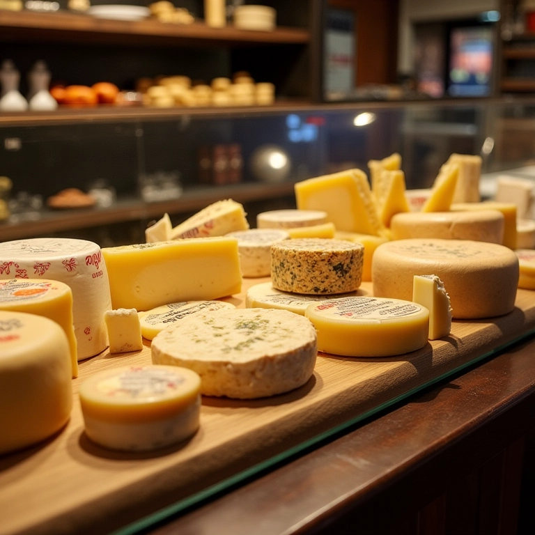 Expositor de queijos Metalfrio com variedade de queijos em uma delicatessen.