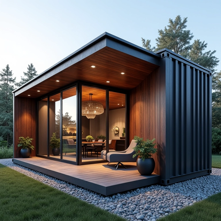 Exterior de casa container com materiais duráveis e resistentes.