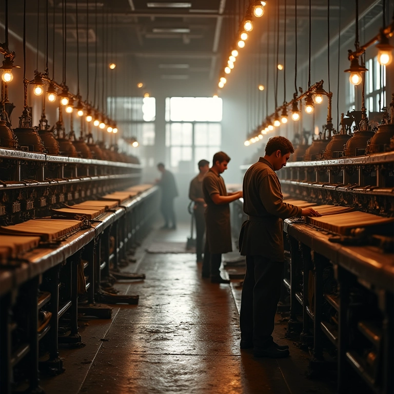 Fábrica do século XIX com máquinas em funcionamento produzindo tecidos.