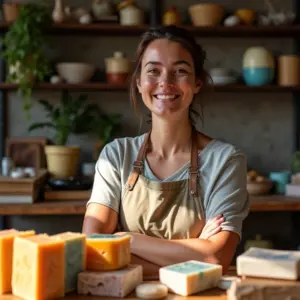 Fabricante de sabonetes artesanais sorrindo em oficina ensolarada.