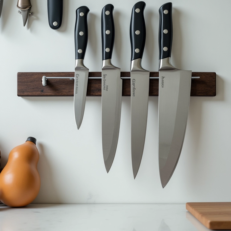 Facas de cozinha essenciais dispostas em uma barra magnética.