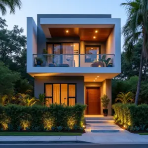 Fachada de casa geminada moderna com paisagismo que oferece privacidade e iluminação externa elegante.