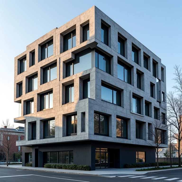 Fachada desconstrutivista com fragmentação e ângulos marcantes.