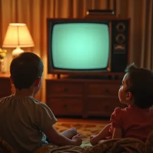 Família assistindo TV em cores em sala vintage dos anos 50.