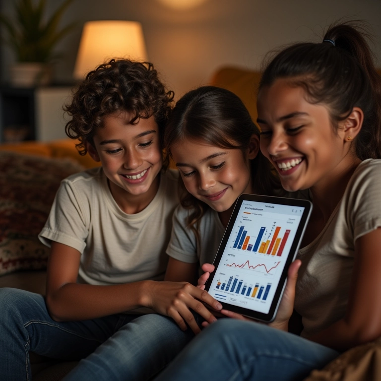 Família brasileira discutindo portfólio de investimentos diversificado em sala aconchegante.