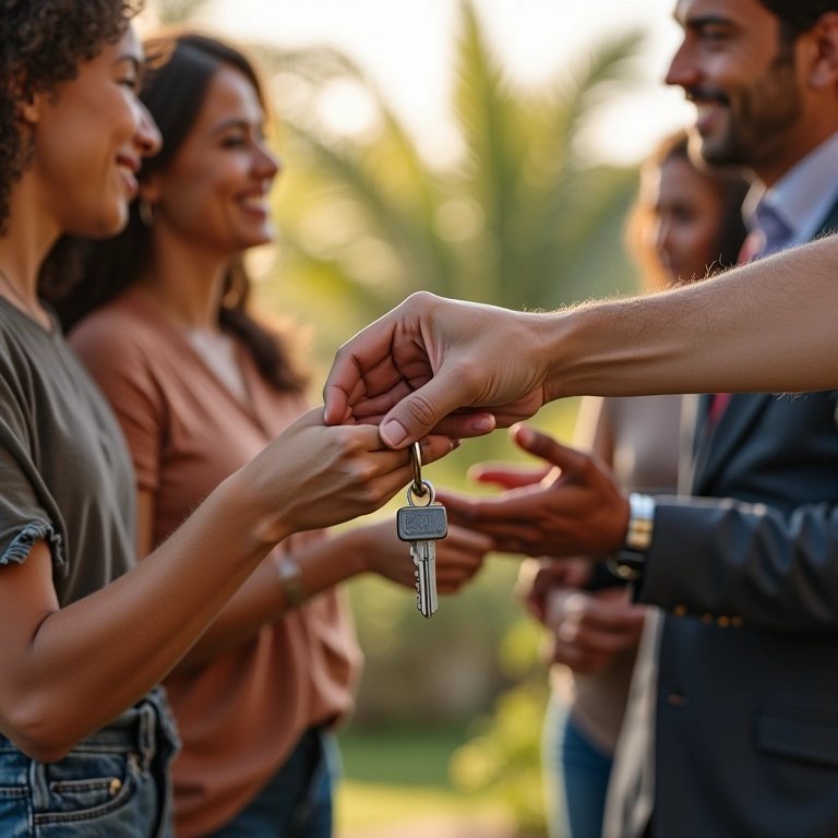 Família brasileira recebendo as chaves da nova casa em leilão.