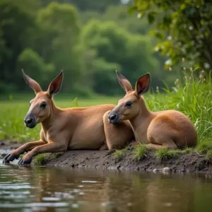 Família de capivaras descansando na beira do rio no Pantanal.